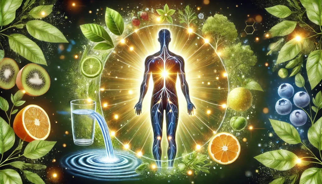 The Science Behind Parasite and Heavy Metal Cleanse: How Detoxification Supports Your Health 2 A conceptual visualization of body detoxification featuring a glowing human silhouette with detox pathways, surrounded by elements like water, green leaves, and antioxidant-rich fruits, symbolizing cleansing and renewal.