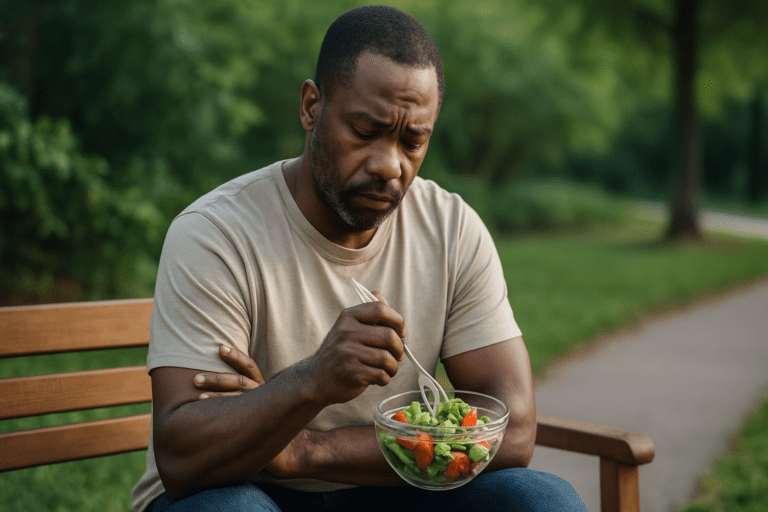 A middle-aged Black man with salt-and-pepper hair sits pensively on a wooden park bench, holding a vibrant salad filled with leafy greens and vegetables. The soft morning light and tranquil outdoor setting emphasize themes of plant-based eating and diabetes prevention through mindful lifestyle choices.