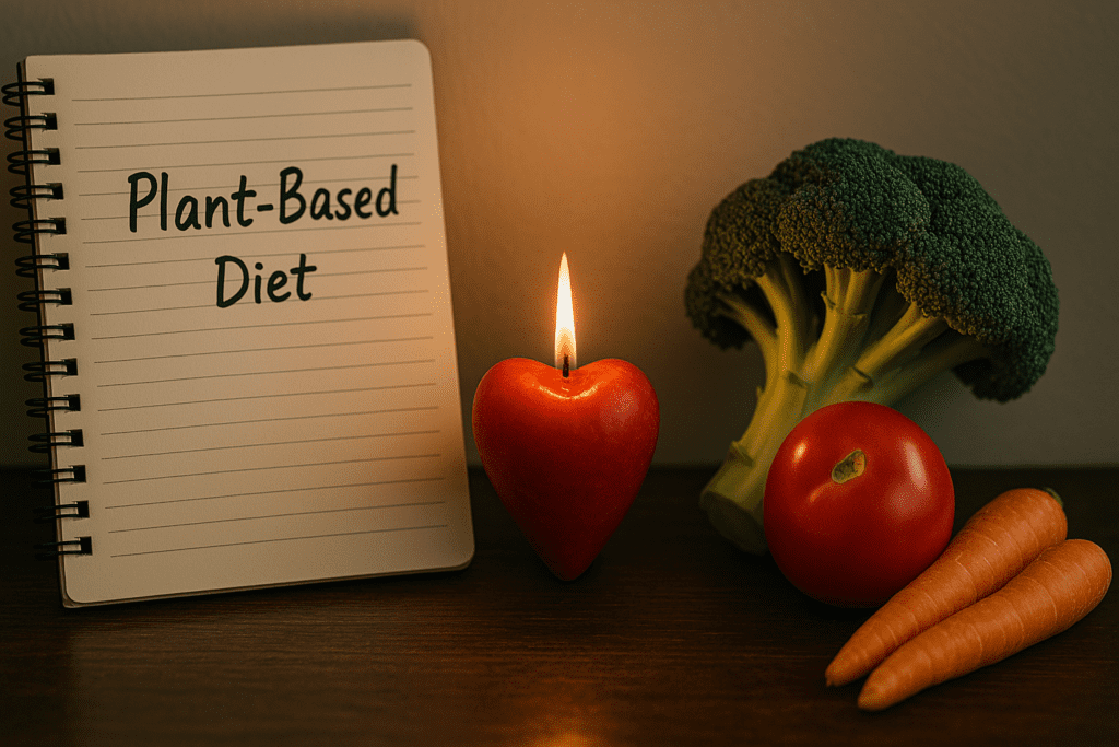 A spiral-bound notebook titled “Plant-Based Diet” rests beside a glowing heart-shaped candle and fresh vegetables on a rustic table, bathed in warm, ambient light. This symbolic arrangement conveys the emotional and practical commitment to a heart-healthy, diabetes-conscious lifestyle grounded in plant-based nutrition.