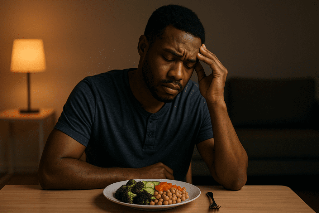 In a softly lit dining room, a young African American man sits alone at a table, preparing to eat a nutritious plant-based meal of broccoli, chickpeas, and sliced cucumbers. The warm, moody lighting and his contemplative expression reinforce the theme of personal transformation through healthy, affordable eating habits.