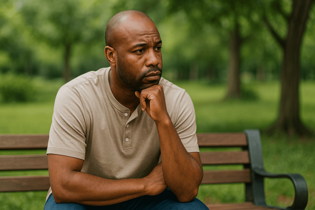 An African American man with a clean shave and contemplative expression sits quietly on a park bench, dressed casually in a beige shirt under soft natural light. The tranquil, green environment subtly underscores the emotional and physical benefits of a nature-supported, plant-based approach to managing blood sugar and improving heart health.