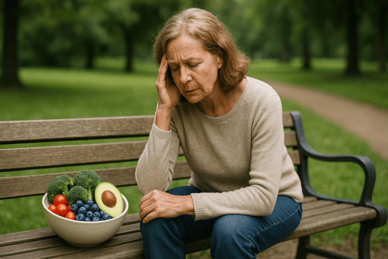 An older woman sits in solitary reflection on a wooden park bench, surrounded by greenery and holding a bowl of brain-healthy foods like blueberries, avocado, and broccoli. Soft natural morning light and a quiet outdoor setting underscore the theme of preventing dementia through mindful dietary choices and lifestyle habits.