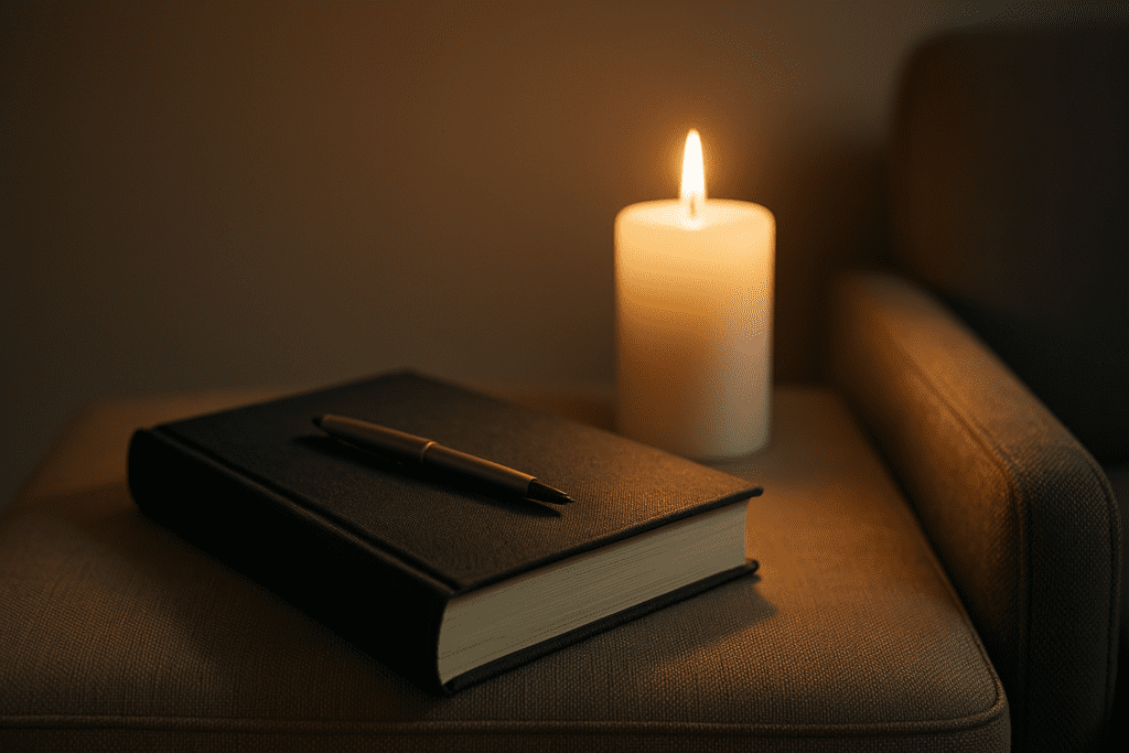 What to Eat to Prevent Dementia: A Science-Backed Guide to the Best Foods for Brain Health 1 A hardcover book and pen lie beside a candle on a beige surface in a dim indoor setting, evoking contemplative habits. This visually quiet composition reinforces the importance of cognitive engagement and restful practices to promote long-term brain health and prevent dementia.