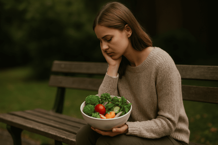 A young Caucasian woman sits alone on a park bench in soft natural daylight, gazing reflectively into the distance while holding a bowl of fresh vegetables. Surrounded by lush greenery and framed in serene morning light, the image visually underscores the role of plant-based nutrition in cancer prevention and emotional wellbeing.