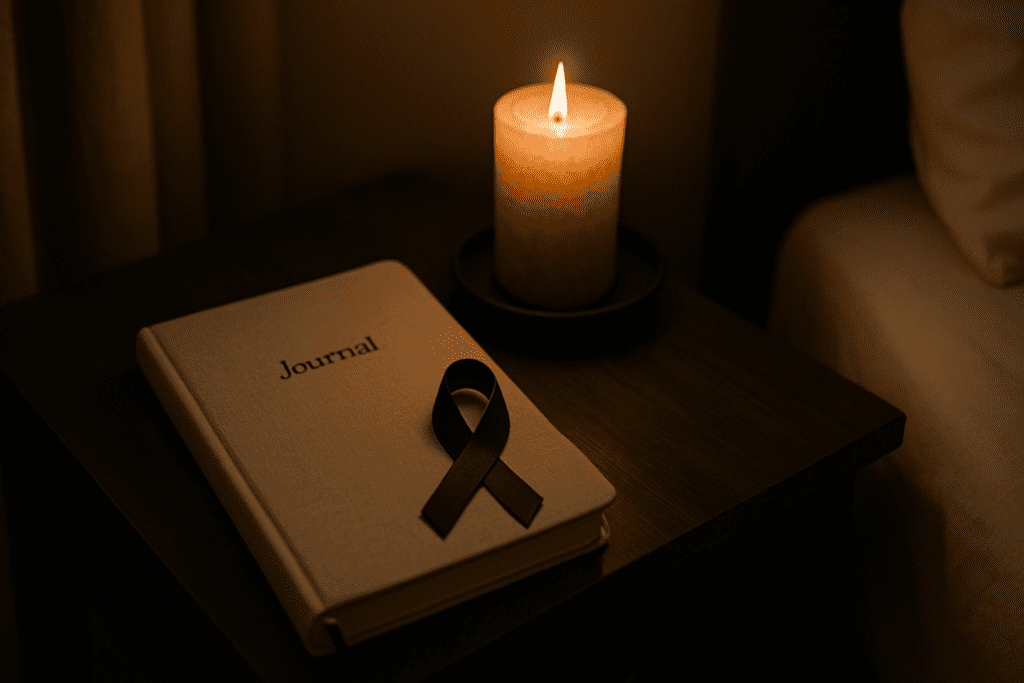 How a Plant-Based Diet May Help Reduce Cancer Risk: What Science Says About Nutrition and Tumor Prevention 1 A dimly lit nightstand displays a closed journal, a black cancer awareness ribbon, and a flickering candle, all resting on a smooth wooden surface. The soft, moody lighting and uncluttered background create a contemplative atmosphere, symbolizing personal reflection, cancer recovery, and the healing power of lifestyle change through plant-based choices.