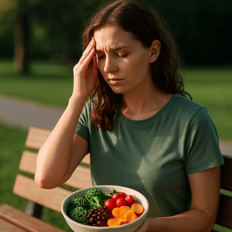 A young woman with wavy brown hair sits quietly on a wooden park bench in soft afternoon sunlight, a bowl of fresh, vibrant vegetables resting in her lap. Her reflective posture and the peaceful, natural background visually emphasize the connection between whole-food plant-based nutrition and cancer prevention.
