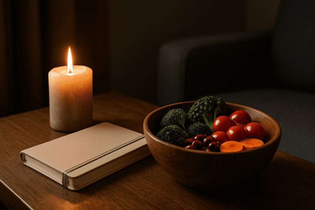 A warm-lit tabletop features a softly glowing beige candle beside a textured journal and a rustic wooden bowl filled with colorful vegetables. The intimate, low-clutter setting symbolically evokes mindful choices and the healing potential of anti-cancer foods supported by scientific research.