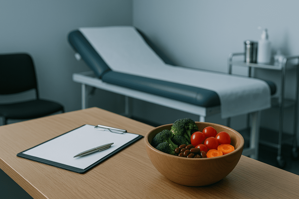 A clinical examination room displays a clean wooden desk with a bowl of fresh vegetables, set against a background of neutral walls, a medical cart, and an exam table. The contrast between the sterile environment and vibrant plant foods highlights the science-based role of diet in cancer prevention.
