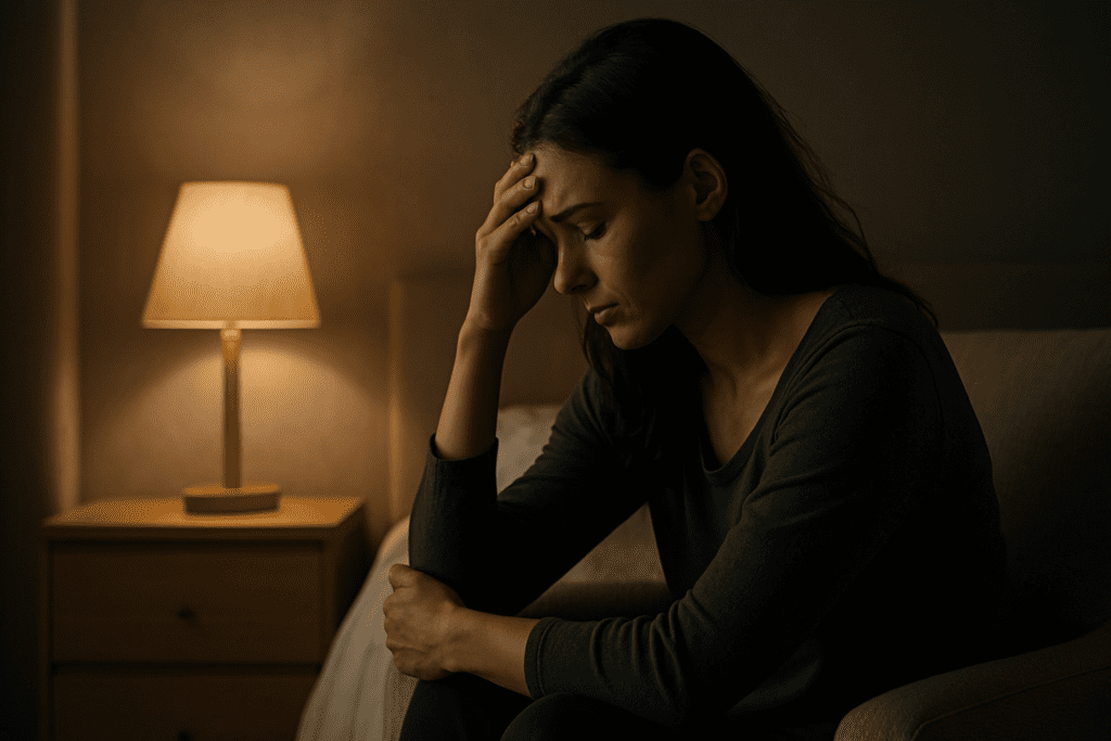 In a softly lit bedroom, a dark-haired woman sits contemplatively in a beige armchair, her posture expressing quiet introspection under the glow of a nearby lamp. The moody nighttime setting reflects the emotional weight of lifestyle change and the personal commitment to anti-cancer nutrition.