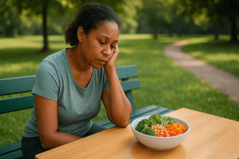 A middle-aged African American woman sits in quiet reflection on a green park bench surrounded by trees, with a bowl of vibrant whole-food plant-based ingredients—lettuce, sweet potatoes, chickpeas, tomatoes, and broccoli—resting beside her. Soft natural light and a winding gravel path in the background subtly reinforce the theme of healthy eating for diabetes management.