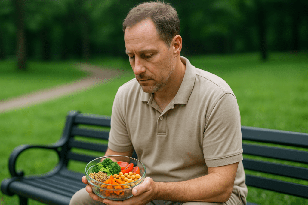 What Can Diabetics Eat on a Whole-Food Plant-Based Diet? A Science-Backed Guide to Building a Healthy Diabetic Meal Plan 1 A contemplative middle-aged Caucasian man with short brown hair sits on a black metal bench outdoors, holding a colorful plant-based diabetic-friendly meal with broccoli, quinoa, sweet potatoes, and chickpeas. Sunlight filters through leafy branches, casting gentle highlights across his face and emphasizing a mindful approach to plant-based diabetes care.