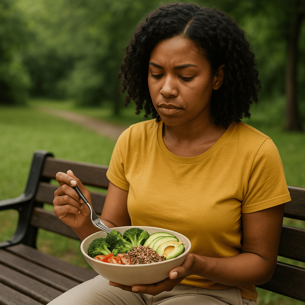 What Can Diabetics Eat on a Whole-Food Plant-Based Diet? A Science-Backed Guide to Building a Healthy Diabetic Meal Plan 2 A young African American woman in a mustard T-shirt sits at a wooden park bench, gazing down at a bowl filled with a whole-food plant-based diabetic meal, including leafy greens, legumes, and whole grains. Surrounded by lush greenery and bathed in soft daylight, the scene communicates thoughtful food choices for blood sugar support.