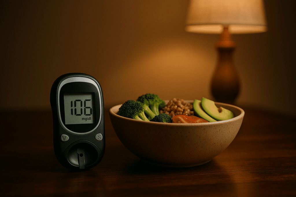 What Can Diabetics Eat on a Whole-Food Plant-Based Diet? A Science-Backed Guide to Building a Healthy Diabetic Meal Plan 3 A blood glucose meter reading “106 mg/dL” rests beside a neatly arranged plant-based meal of quinoa, broccoli, avocado, and cherry tomatoes on a dark wooden table. Warm ambient lighting and minimalist surroundings emphasize the connection between mindful eating and healthy diabetes control on a whole-food plant-based diet.