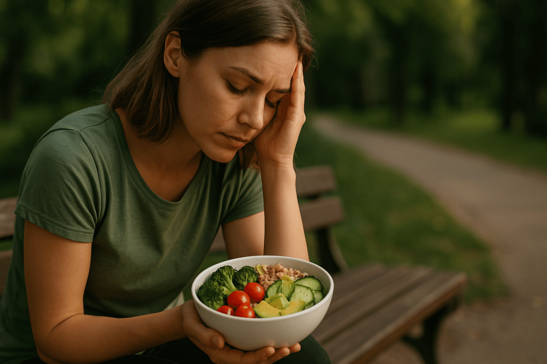A young woman sits quietly on a wooden park bench in the late afternoon sun, holding a bowl of colorful plant-based food. The natural lighting and serene greenery in the background highlight the peaceful moment, visually reinforcing the link between outdoor mindfulness, healthy eating, and cancer prevention.