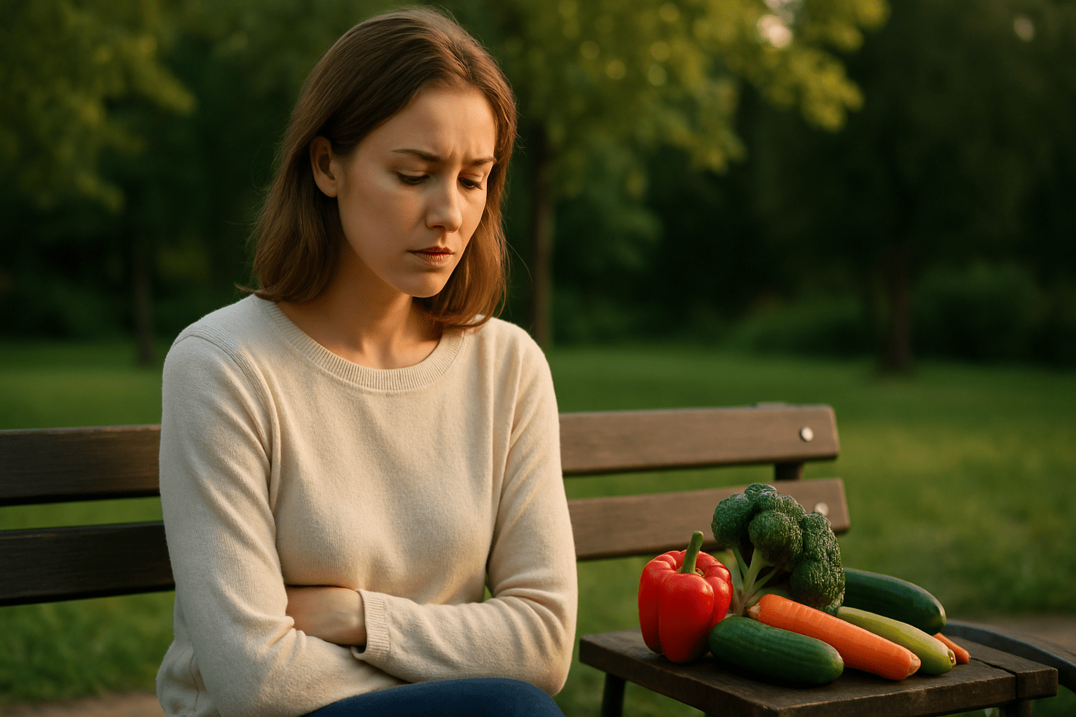 A contemplative woman with soft brown hair sits alone in a sunlit park, gazing down at a vibrant salad filled with fresh vegetables. The shallow depth of field and natural environment subtly underscore the role of a plant-based diet in reducing cancer risk.