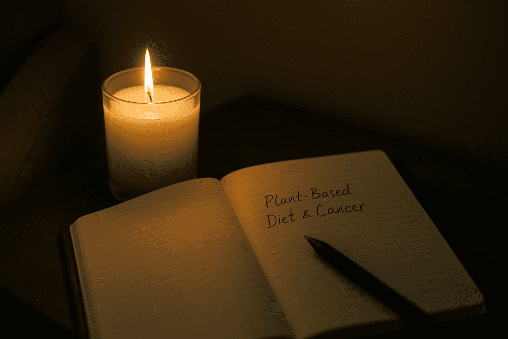 Plant-Based Diet and Cancer: What the Latest Research Reveals About Risk Reduction and Prevention 2 A softly lit candle glows beside an open notebook titled "Plant-Based Diet & Cancer" in a dim interior, evoking quiet reflection and intention. The warm lighting and minimalist setup symbolize the thoughtful lifestyle choices that support cancer prevention through diet.
