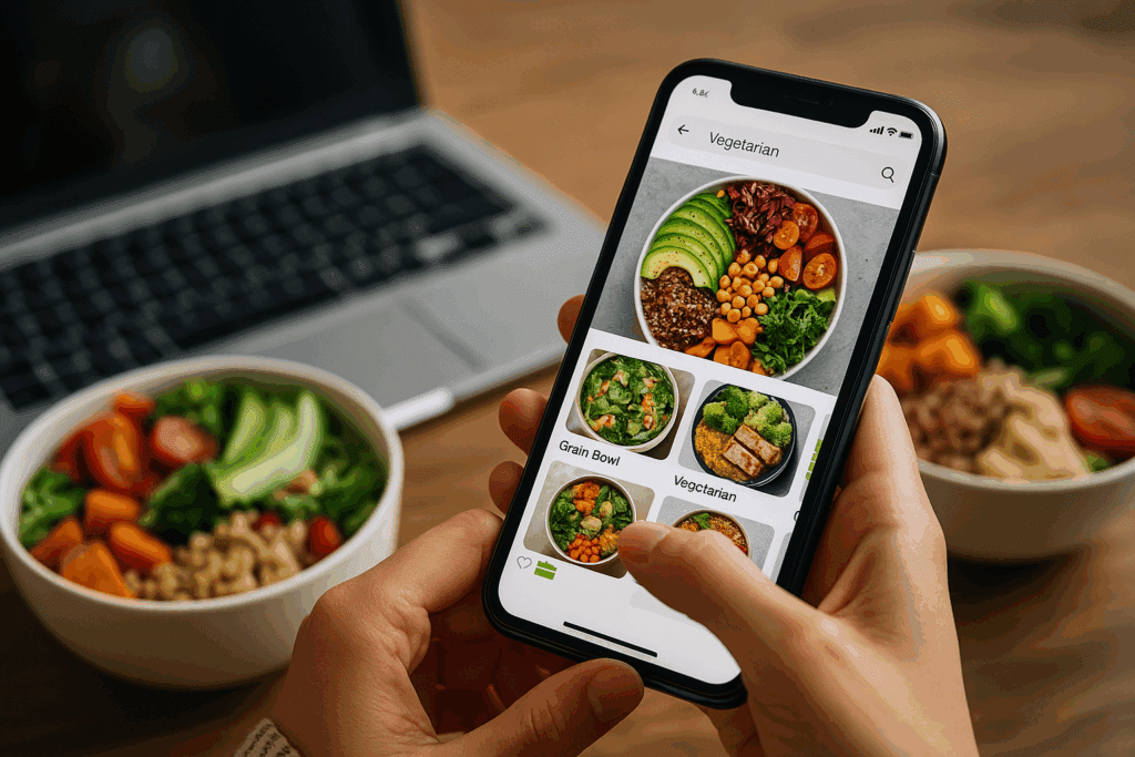 Craving Healthier Meals? Where to Find Takeout Vegetarian Food Near Me That’sDelicious and Nutritious 5 Person browsing takeout vegetarian food near me on a smartphone, selecting colorful plant-based meals with a laptop and salad bowls nearby