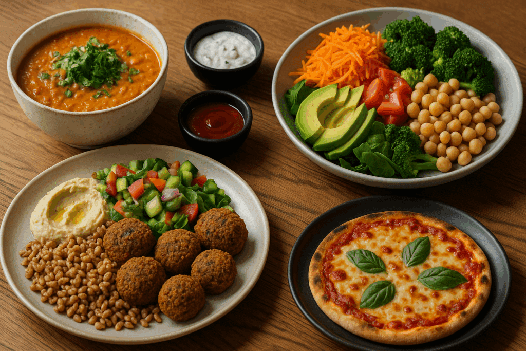 Craving Healthier Meals? Where to Find Takeout Vegetarian Food Near Me That’sDelicious and Nutritious 6 Colorful assortment of takeout vegetarian food near me, featuring falafel, lentil curry, fresh vegetables, and a cheese pizza on a wooden table.