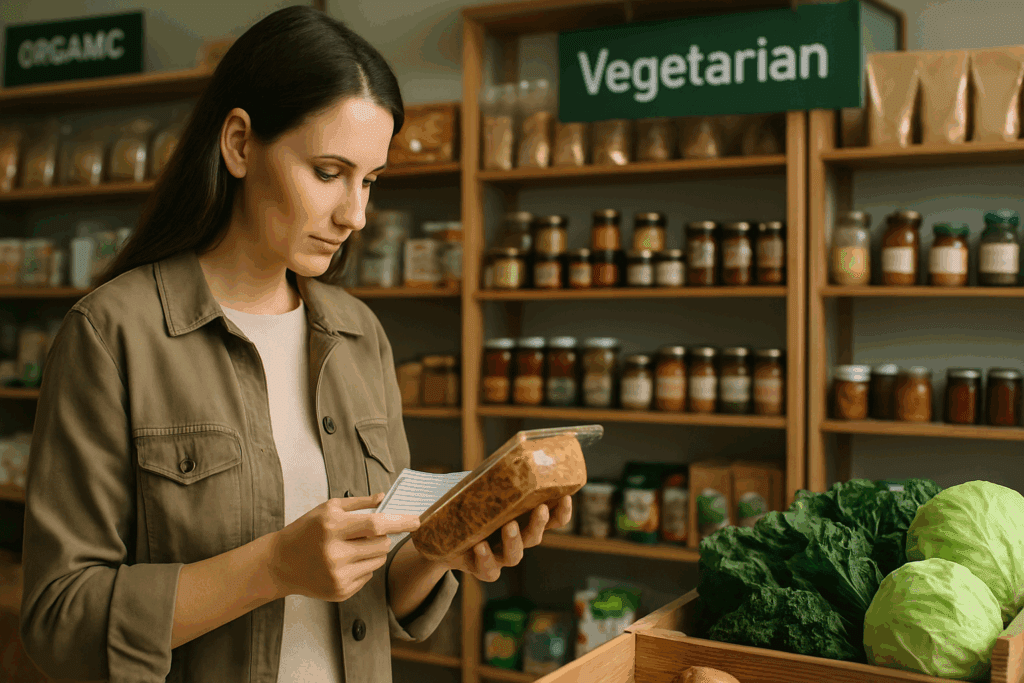 Craving Healthier Meals? Where to Find Takeout Vegetarian Food Near Me That’sDelicious and Nutritious 7 Woman reading a food label in a vegetarian grocery store, searching for healthy options related to Takeout Vegetarian Food Near Me