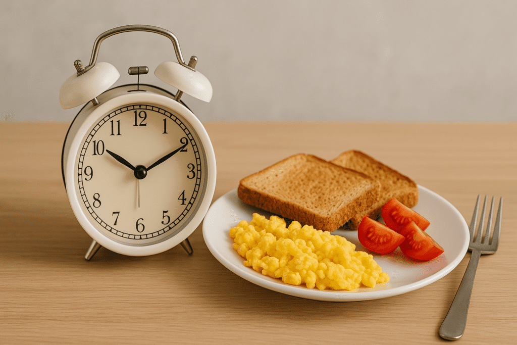 Best Times to Eat to Lose Weight: What Science Says About Meal Timing for a Healthier Lifestyle 2 A light morning meal of scrambled eggs, toast, and tomatoes on a plate with a clock showing 8:15.