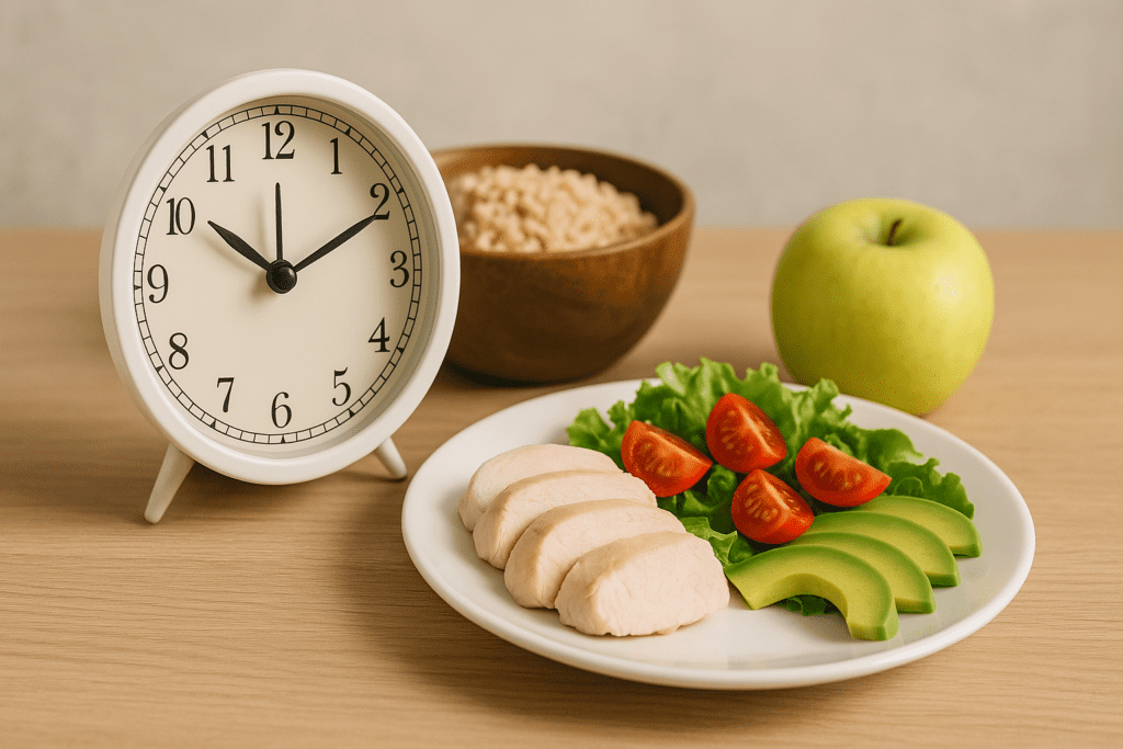 A wholesome breakfast scene with oatmeal, orange juice, a salad, and an apple beside a clock showing 10:10.