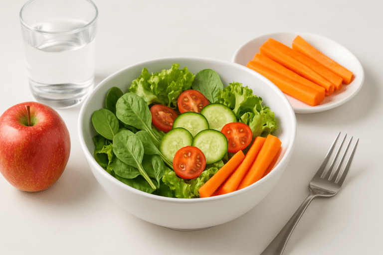 A healthy midday meal arranged on a white surface, featuring a bowl of leafy salad with tomatoes and cucumbers, a red apple, a glass of water, and a side of carrot sticks with a fork.