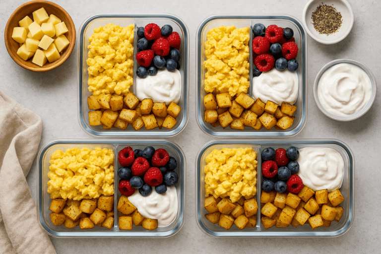 Overhead view of four glass meal prep containers filled with scrambled eggs, roasted potatoes, and Greek yogurt topped with fresh blueberries and raspberries, arranged neatly on a grey countertop with natural lighting.