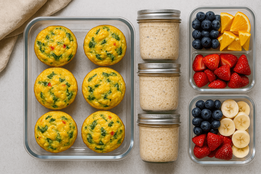 Flat lay of easy breakfast meal prep with spinach egg muffins, jars of overnight oats, and glass containers filled with fresh fruit like blueberries, strawberries, bananas, and orange slices, all neatly arranged on a light countertop.