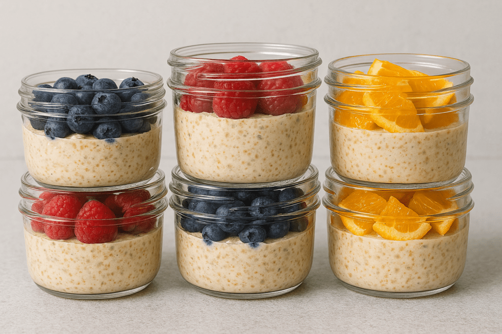 Easy Breakfast Meal Prep Ideas for Busy Mornings: Healthy Grab and Go Options That Save Time and Support Wellness 2 Side view of six glass jars filled with creamy overnight oats, each topped with fresh fruit including blueberries, raspberries, and orange wedges, stacked in two neat columns on a speckled gray countertop.