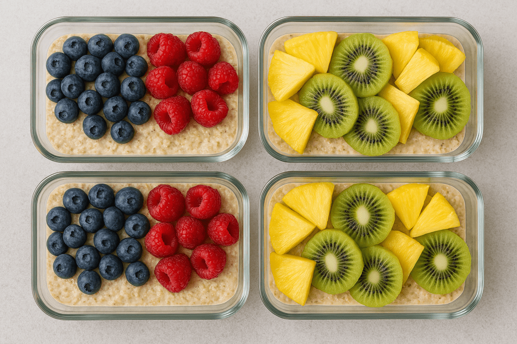 Easy Breakfast Meal Prep Ideas for Busy Mornings: Healthy Grab and Go Options That Save Time and Support Wellness 3 Overhead view of four divided glass containers with overnight oats topped with blueberries and raspberries on one side and sliced kiwi and pineapple on the other, set on a light speckled gray surface.