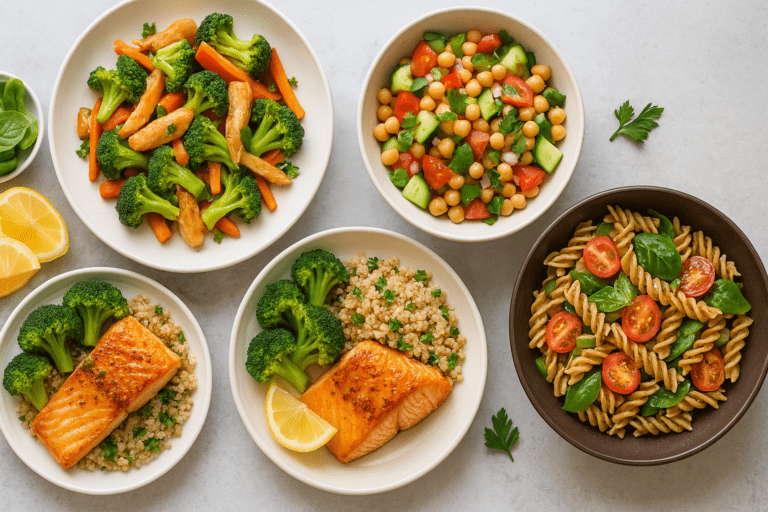 A high-resolution top-down view of four colorful, nutritious meals including salmon with quinoa and broccoli, chickpea salad with cucumber and tomato, stir-fried chicken with carrots and broccoli, and whole wheat pasta with cherry tomatoes and basil, all arranged on a light background to represent healthy 30 minute meals for family wellness.