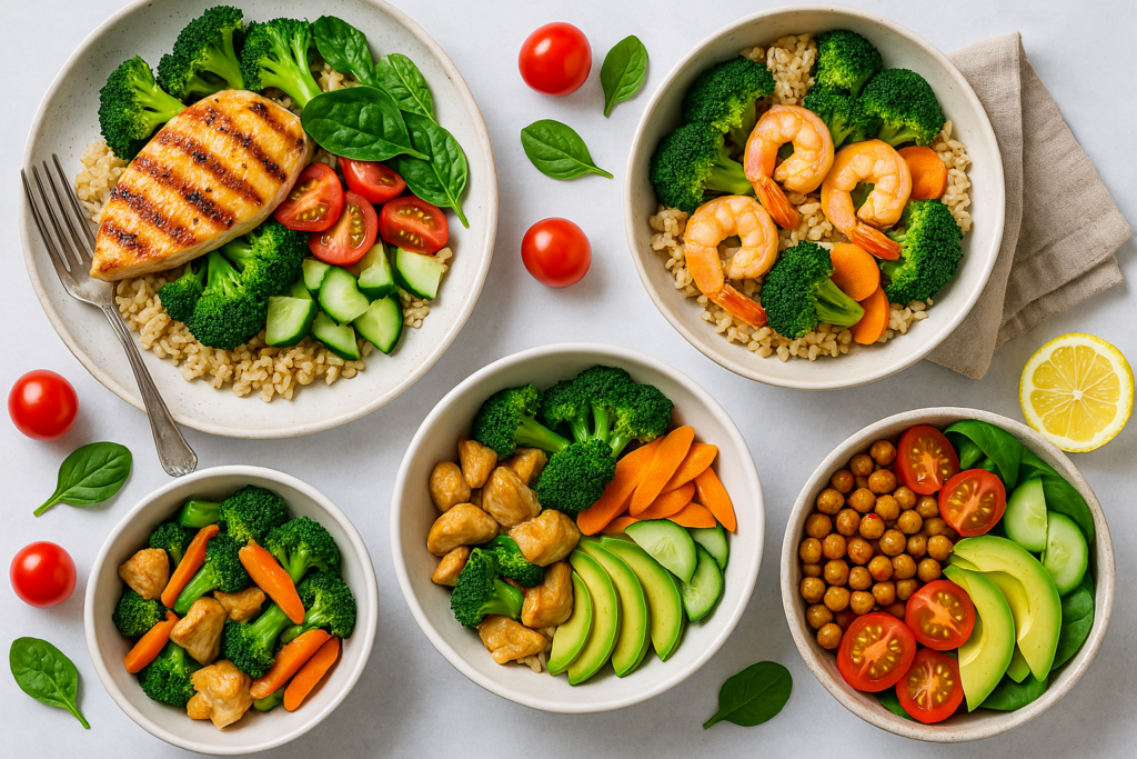 Healthy 30 Minute Meals for Family Wellness: Easy, Nutritious Recipes to Support Busy Lifestyles 1 A vibrant overhead image of four colorful and nutritious meals, featuring grilled chicken with brown rice and vegetables, shrimp with broccoli and carrots, tofu with avocado and cucumber, and a chickpea salad bowl with tomato and spinach, illustrating healthy 30 minute meals for family wellness.