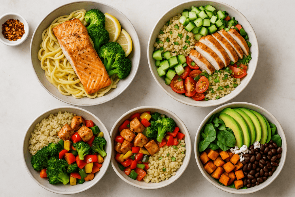 Healthy 30 Minute Meals for Family Wellness: Easy, Nutritious Recipes to Support Busy Lifestyles 2 A high-resolution top-down photo of four healthy meal bowls, including salmon with noodles and broccoli, chicken with couscous and cucumber, tofu stir-fry with colorful vegetables, and a Mediterranean bowl with black beans, sweet potato, spinach, and avocado, representing healthy 30 minute meals for family wellness.