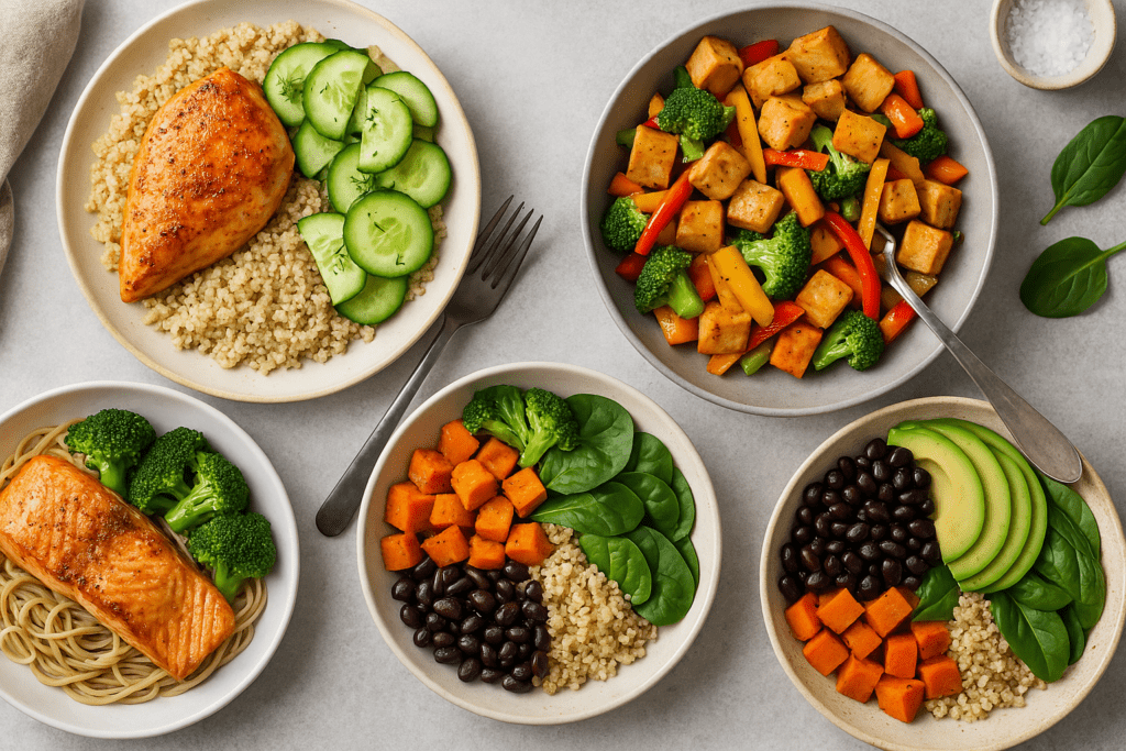 Healthy 30 Minute Meals for Family Wellness: Easy, Nutritious Recipes to Support Busy Lifestyles 3 A high-resolution overhead photo of four nutrient-rich meals including grilled chicken with quinoa and cucumber, tofu stir-fry with colorful vegetables, salmon with noodles and broccoli, and vibrant Buddha bowls featuring sweet potato, avocado, black beans, and spinach—representing healthy 30 minute meals for family wellness.