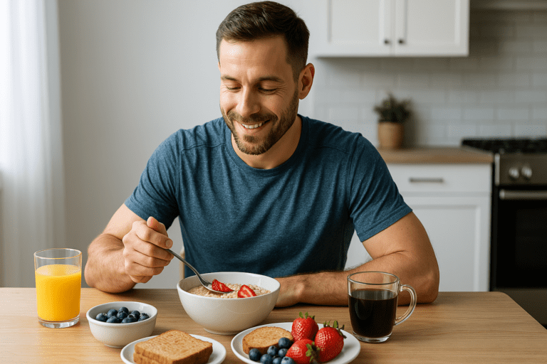 A fit 35-year-old man smiles while enjoying a healthy breakfast of oatmeal topped with strawberries, fresh fruit, whole grain toast, coffee, and orange juice in a bright, modern kitchen.