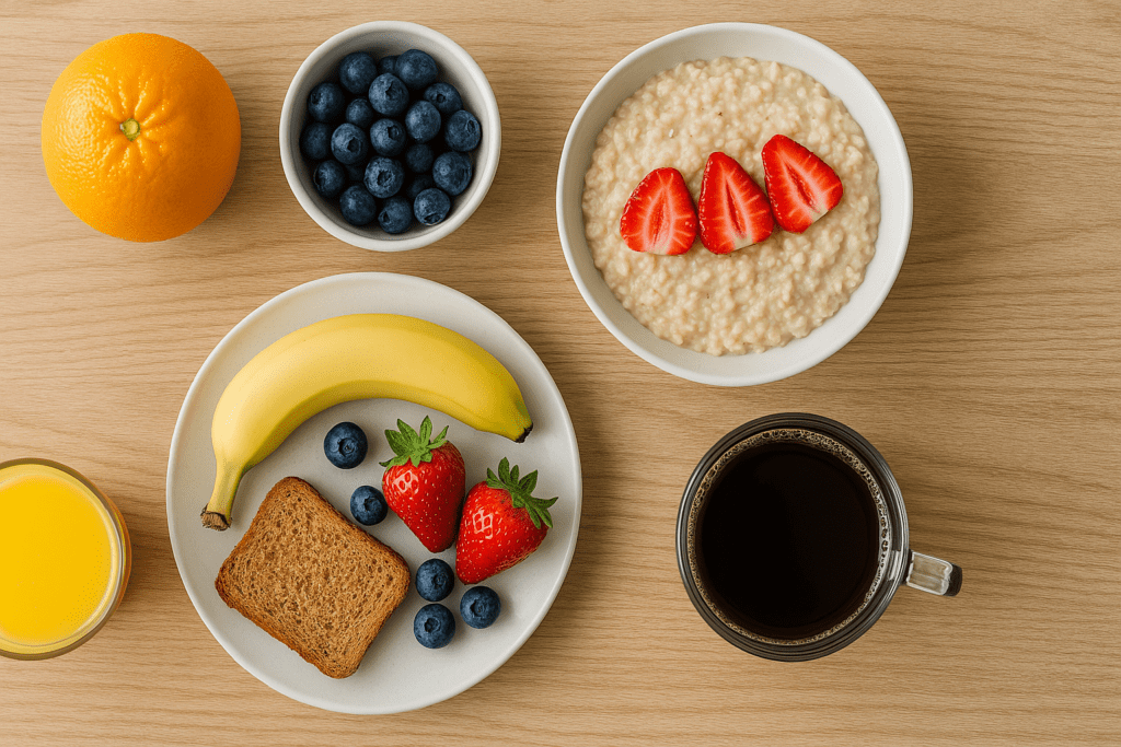 A nutritious breakfast spread including oatmeal with strawberries, blueberries, a banana, whole grain toast, orange juice, and coffee arranged on a light wooden surface in natural lighting.