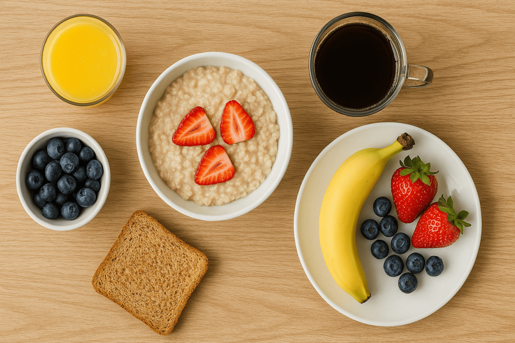 Top-down view of a healthy breakfast featuring oatmeal with strawberries, fresh fruit, whole grain toast, blueberries, orange juice, and black coffee on a wooden table.