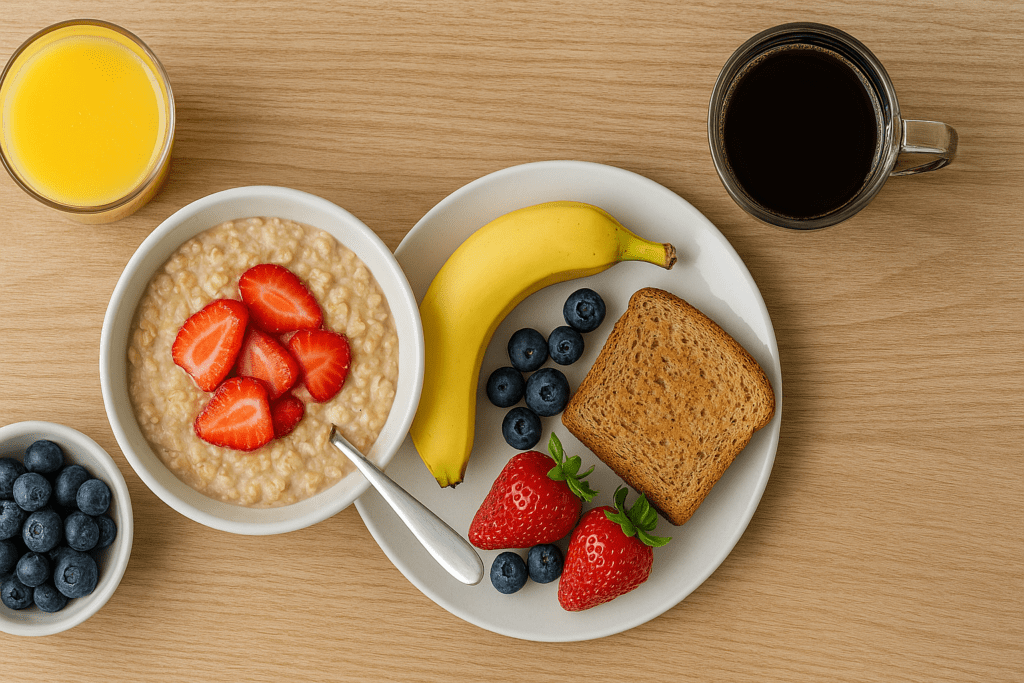 Wholesome breakfast plate with oatmeal and strawberries, banana, toast, blueberries, orange juice, and a cup of coffee, artfully arranged on a warm wood backdrop.