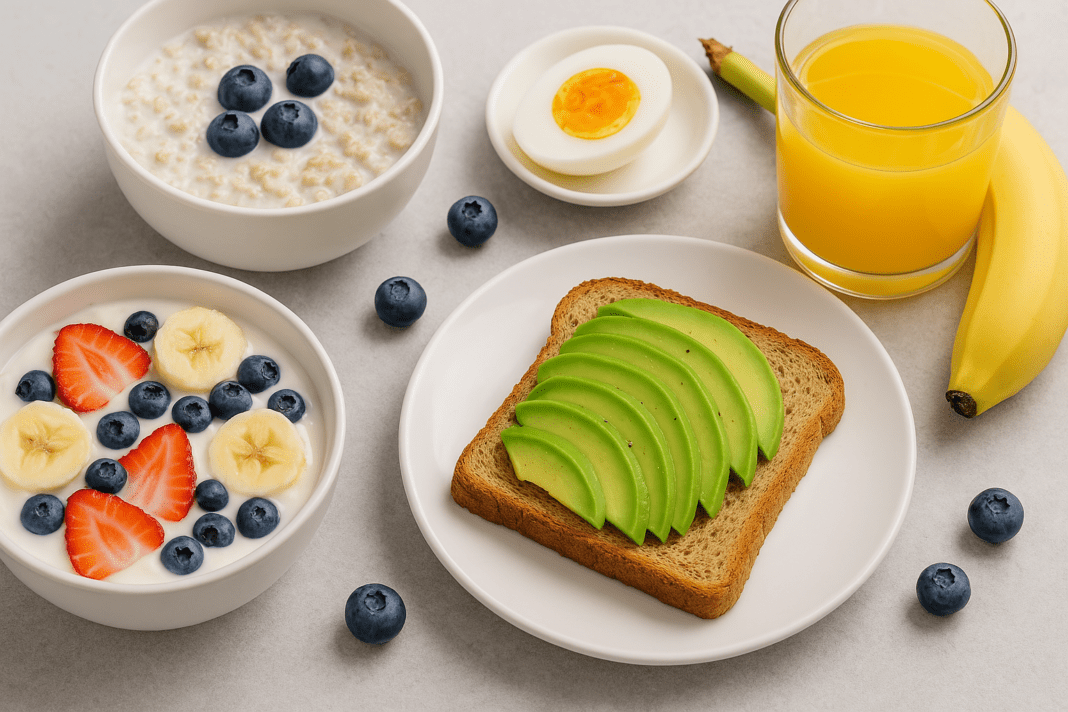 A balanced and colorful breakfast spread featuring avocado toast on whole grain bread, a bowl of yogurt topped with strawberries, bananas, and blueberries, a bowl of oatmeal with fresh blueberries, a hard-boiled egg, a ripe banana, and a glass of orange juice, arranged on a neutral gray background for a healthy morning meal.