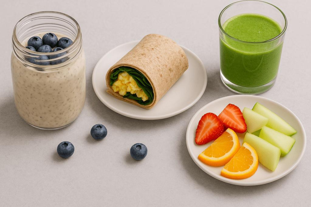 Quick and Easy Healthy Breakfast Ideas for Busy Mornings: What to Eat for a Nutritious Start at Home or On the Go 1 A nutritious morning meal including a mason jar of overnight oats with blueberries, a whole wheat wrap with scrambled eggs and spinach, a glass of green smoothie, and a small plate of orange slices, strawberries, and honeydew, arranged on a light gray surface.