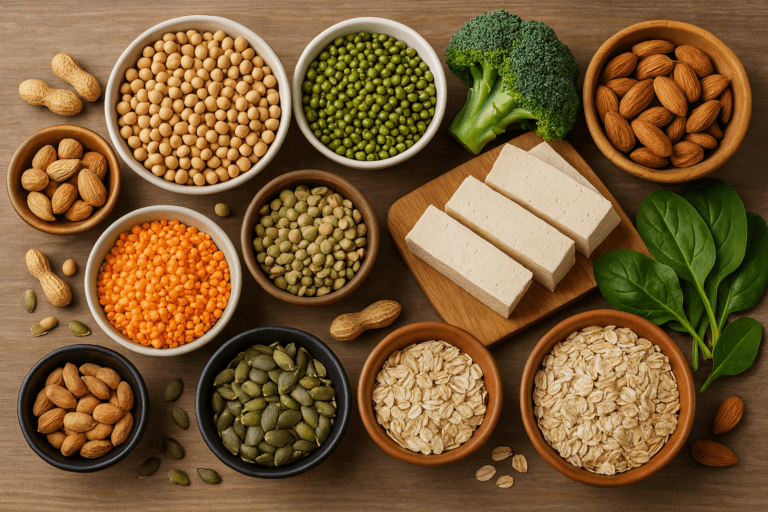 "Assorted plant-based protein sources displayed on a wooden table, including bowls of lentils, chickpeas, oats, pumpkin seeds, almonds, tofu blocks, broccoli, and fresh spinach—highlighting nutritious options for a high-protein vegan diet."