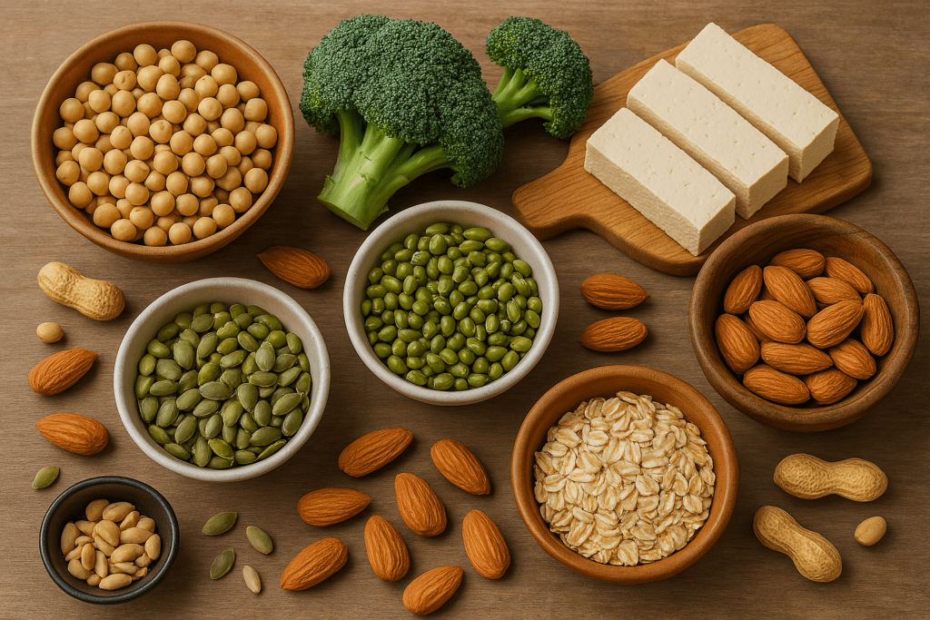 Best Plant-Based Protein Sources for a High-Protein Vegan Diet: What Science Says About Meeting Your Needs Naturally 1 "Colorful arrangement of vegan protein foods on a rustic wood surface, featuring tofu slices, broccoli, almonds, oats, green legumes, chickpeas, pumpkin seeds, and peanuts—showcasing natural, plant-based sources of protein."