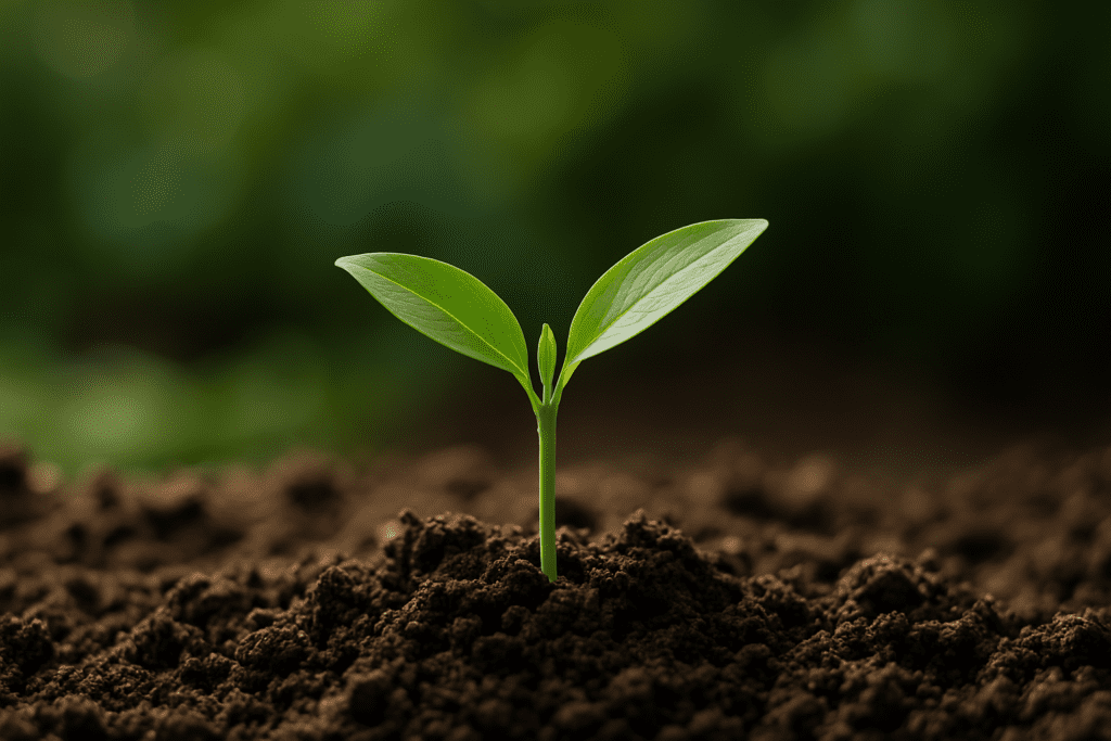 What Are the 3 Primary Macronutrients Plants Need? How Nitrogen, Phosphorus, and Potassium Support Growth, Health, and Vitality 3 Young seedling emerging from nutrient-rich soil with bright green leaves, representing early plant growth supported by nitrogen, phosphorus, and potassium.