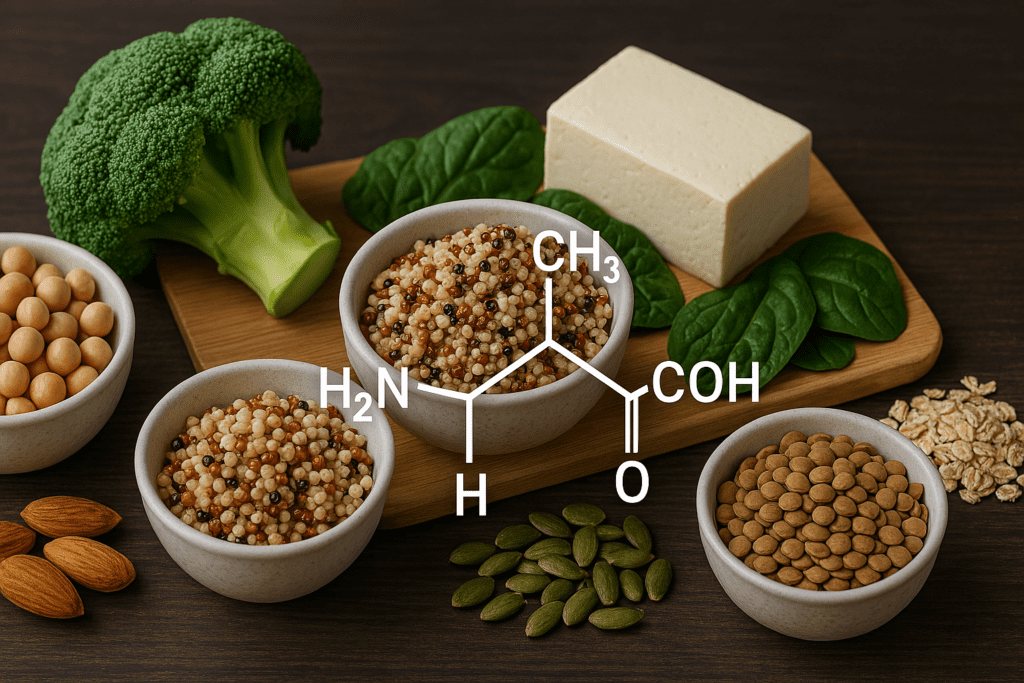 A high-resolution photograph displaying a variety of plant-based protein sources including quinoa, tofu, chickpeas, lentils, broccoli, spinach, oats, almonds, and pumpkin seeds, with a molecular amino acid structure overlaying the quinoa bowl.
