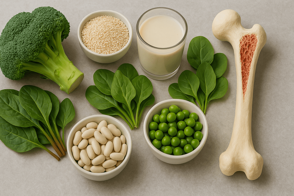 Can a Vegan Diet Affect Bone Health? What Science Says About Osteoporosis in Vegans 2 Fresh plant-based foods including broccoli, spinach, white beans, green peas, sesame seeds, and a glass of fortified plant milk, arranged beside an osteoporotic femur bone model on a neutral background to highlight the relationship between vegan nutrition and bone health.