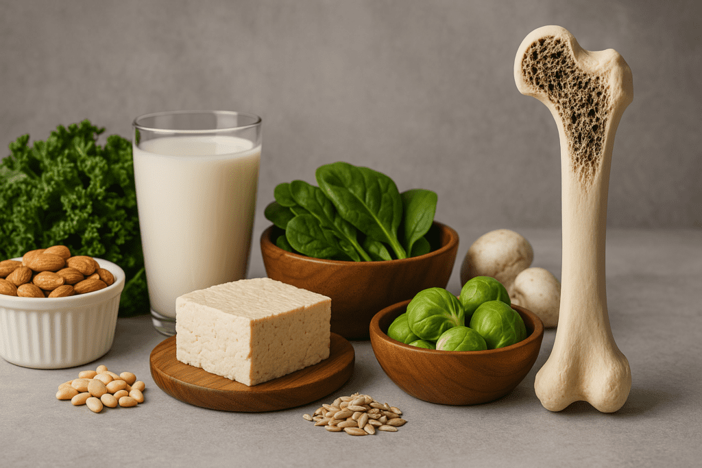 Can a Vegan Diet Affect Bone Health? What Science Says About Osteoporosis in Vegans 3 A variety of calcium- and nutrient-rich vegan foods—including kale, almonds, tofu, spinach, Brussels sprouts, sunflower seeds, and a glass of fortified plant milk—arranged beside an osteoporotic femur model on a gray surface, illustrating the impact of vegan diets on bone strength and osteoporosis prevention.