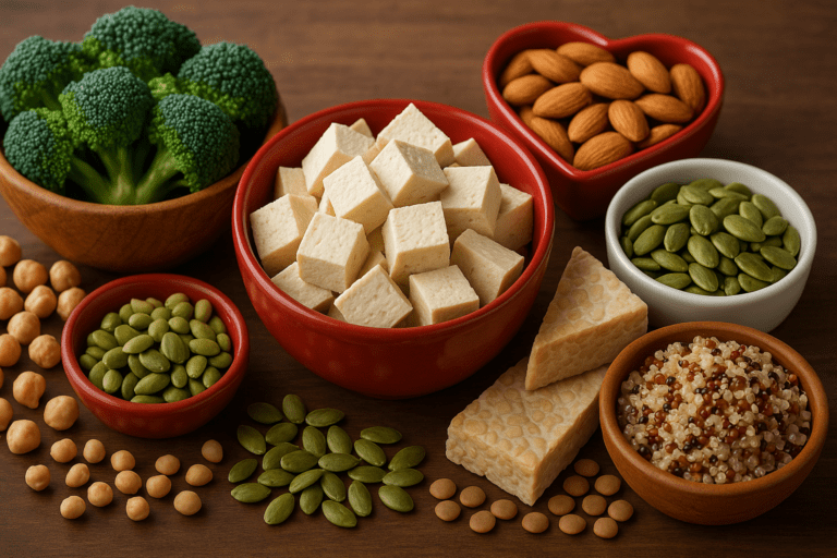 A colorful assortment of heart-healthy plant-based protein foods on a wooden surface, including tofu, tempeh, quinoa, lentils, chickpeas, almonds, pumpkin seeds, and broccoli.