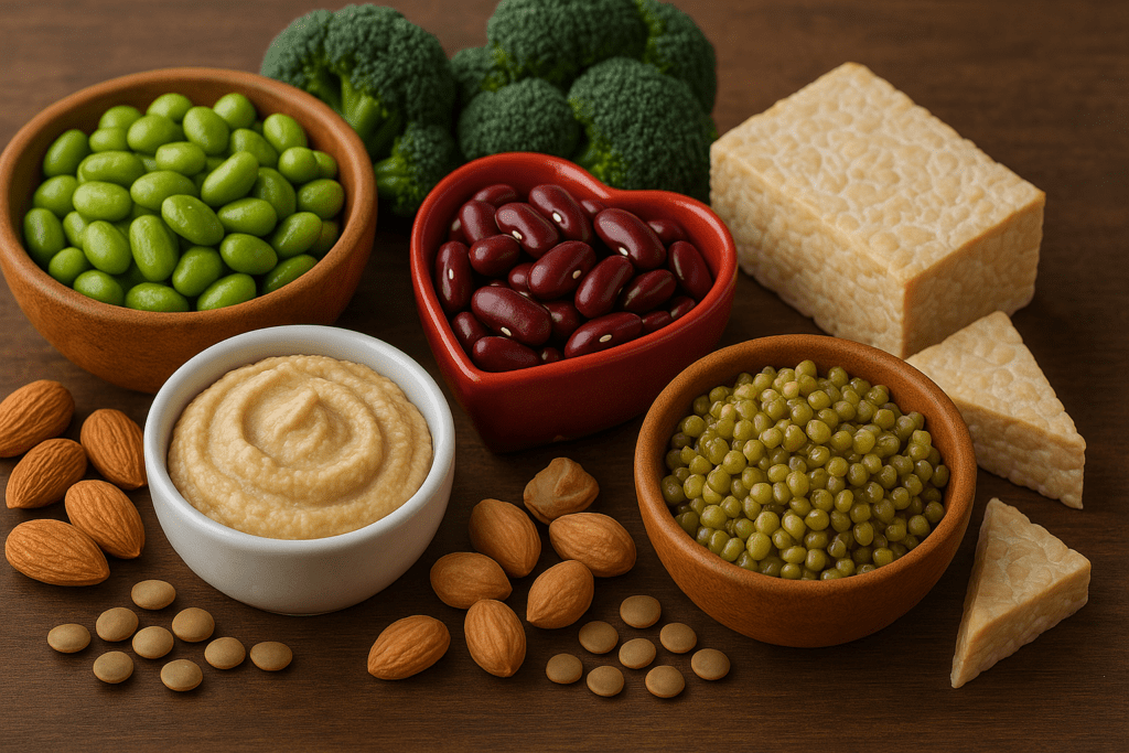 A vibrant display of plant-based protein foods with kidney beans, edamame, hummus, mung beans, almonds, lentils, tempeh, and broccoli arranged on a wooden background.