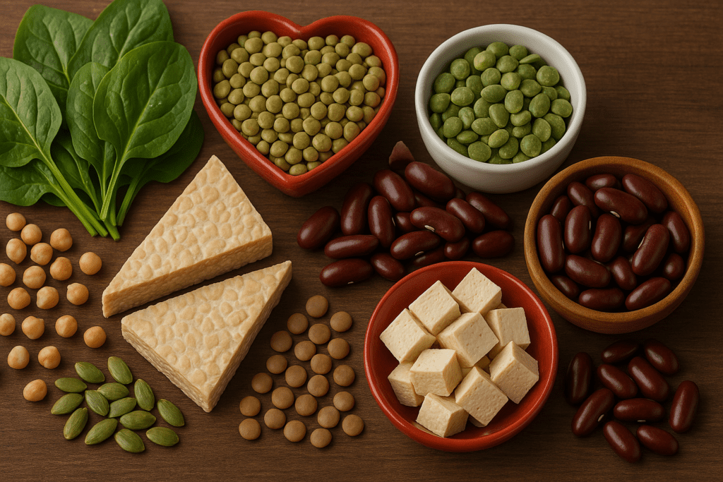 Top Heart Healthy Protein Foods to Support Cardiovascular Wellness on a Plant-Based Diet 2 An artistic arrangement of plant-based protein sources including lentils, tofu, kidney beans, tempeh, spinach, pumpkin seeds, chickpeas, and edamame on a natural wooden surface.