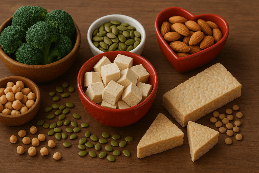 Top Heart Healthy Protein Foods to Support Cardiovascular Wellness on a Plant-Based Diet 3 **Image 4 ALT text:**
A colorful display of heart-healthy plant-based protein foods including tofu cubes, tempeh, chickpeas, lentils, pumpkin seeds, almonds, and broccoli arranged on a rustic wooden surface.